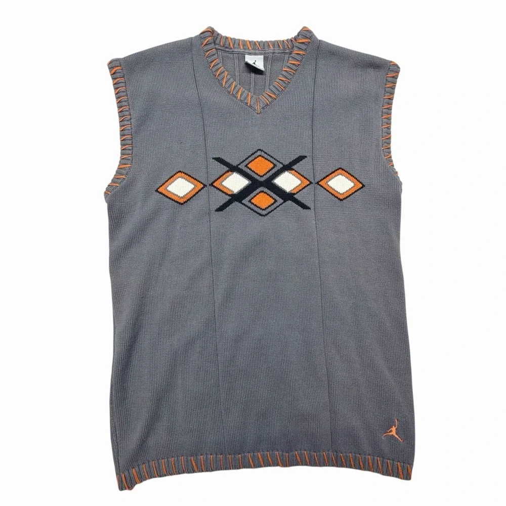 Nike Air Jordan Argyle Sweater Vest Mens Gray Orange V Neck Jumpman Golf Size L